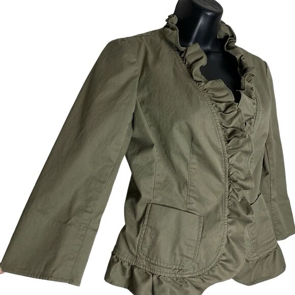 Talbots Blazer Jacket 2 Petite Ruffle Neck Twill Preppy Office Siren Olive Green - Picture 5 of 14